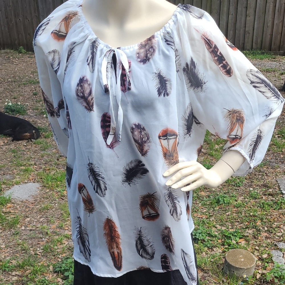 Boho Feather Print Relaxed Tie Front Blouse / Overshirt, OSFM